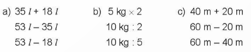 BÀI 73 ÔN TẬP ĐO LƯỜNGI.LUYỆN TẬP 1Câu 1: Tính.Đáp án chuẩn:a) 63 kg  57 kg 20 kg 3 kgb) 91 l   58 l 16 l  6 lc) 10 km   27 m  20 cm 4 dmCâu 2: Quan sát tranh rồi trả lời câu hỏi. Con mèo cân nặng mấy ki-lô-gam?Quả dưa cân nặng mấy ki-lô-gam? Đáp án chuẩn:Con mèo nặng 4 kg.Quả dưa nặng 2 kg.Câu 3: Có các can đựng đầy nước như sau: Đáp án chuẩn: 1 can 10 l và 1 can 2 l 1 can 2 l ; 1 can 3 l và 1 can 5 lCâu 4: Toán vui: Ngày xưa,muốn biết con voi cân nặng bao nhiêu người ta làm như sau:- Đưa con voi lên thuyền, sau đó xem vạch nước ở mạn thuyền, rồi đánh dấu vạch nước đó.- Đưa con voi lên bờ, sau đó xếp đá lên thuyền cho đến khi mạn thuyền vừa đúng vạch nước đã đánh dấu khi đưa con voi lên.- Cân số đá ở thuyền. Số đá cân nặn bao nhiêu thì con voi cân nặng bấy nhiêu.Số?Đáp án chuẩn:II.LUYỆN TẬP 2