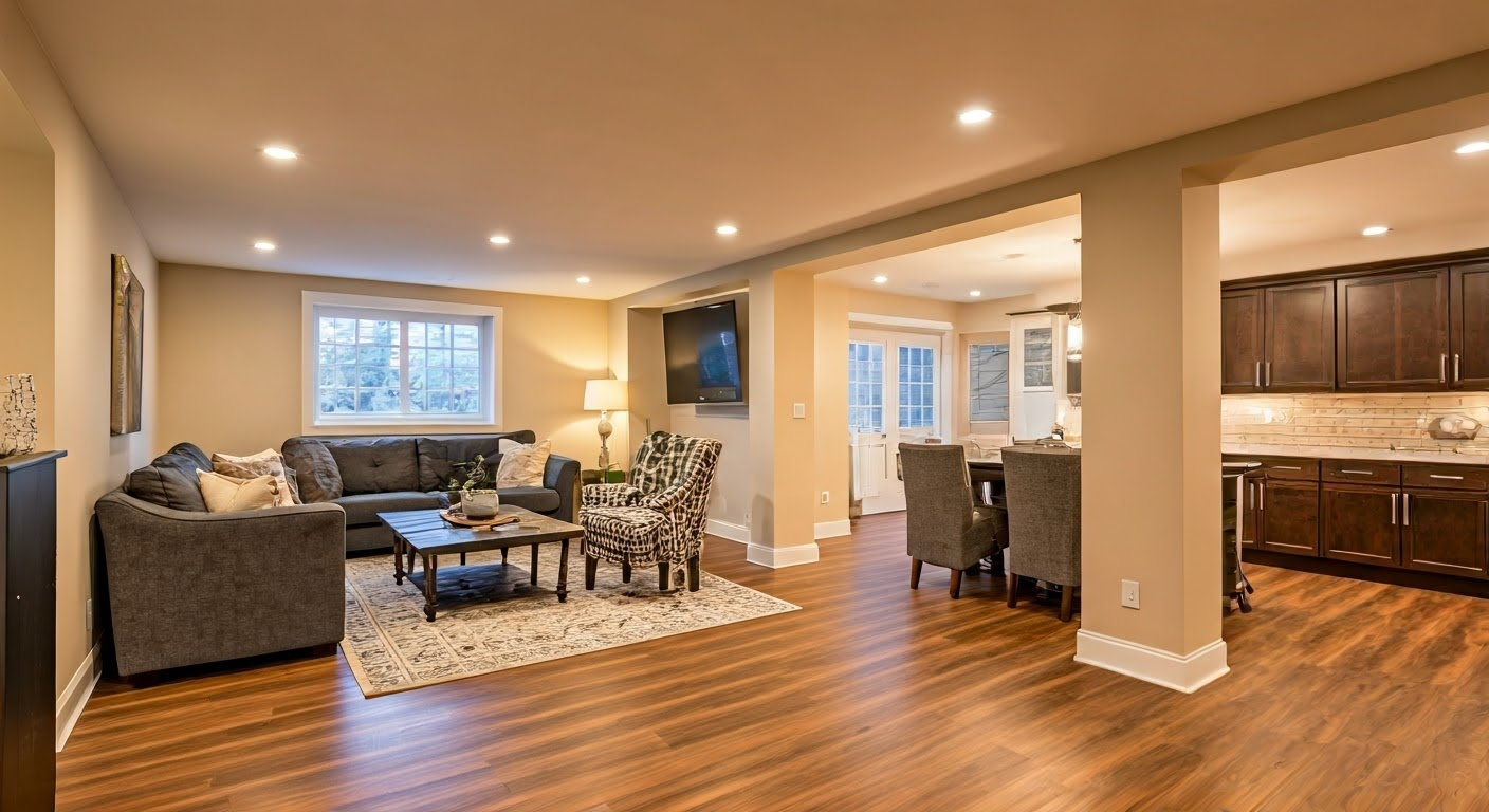 Modern finished basement with decor