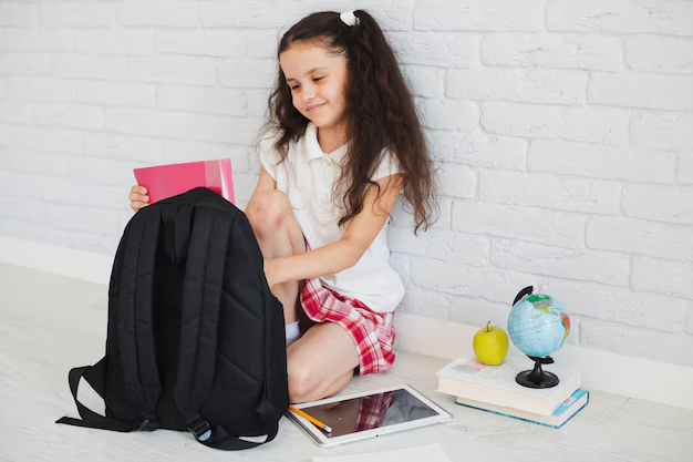 A Girl gathering all the necessary supplies—backpacks, notebooks, pencils, and any other items on the school’s checklist.