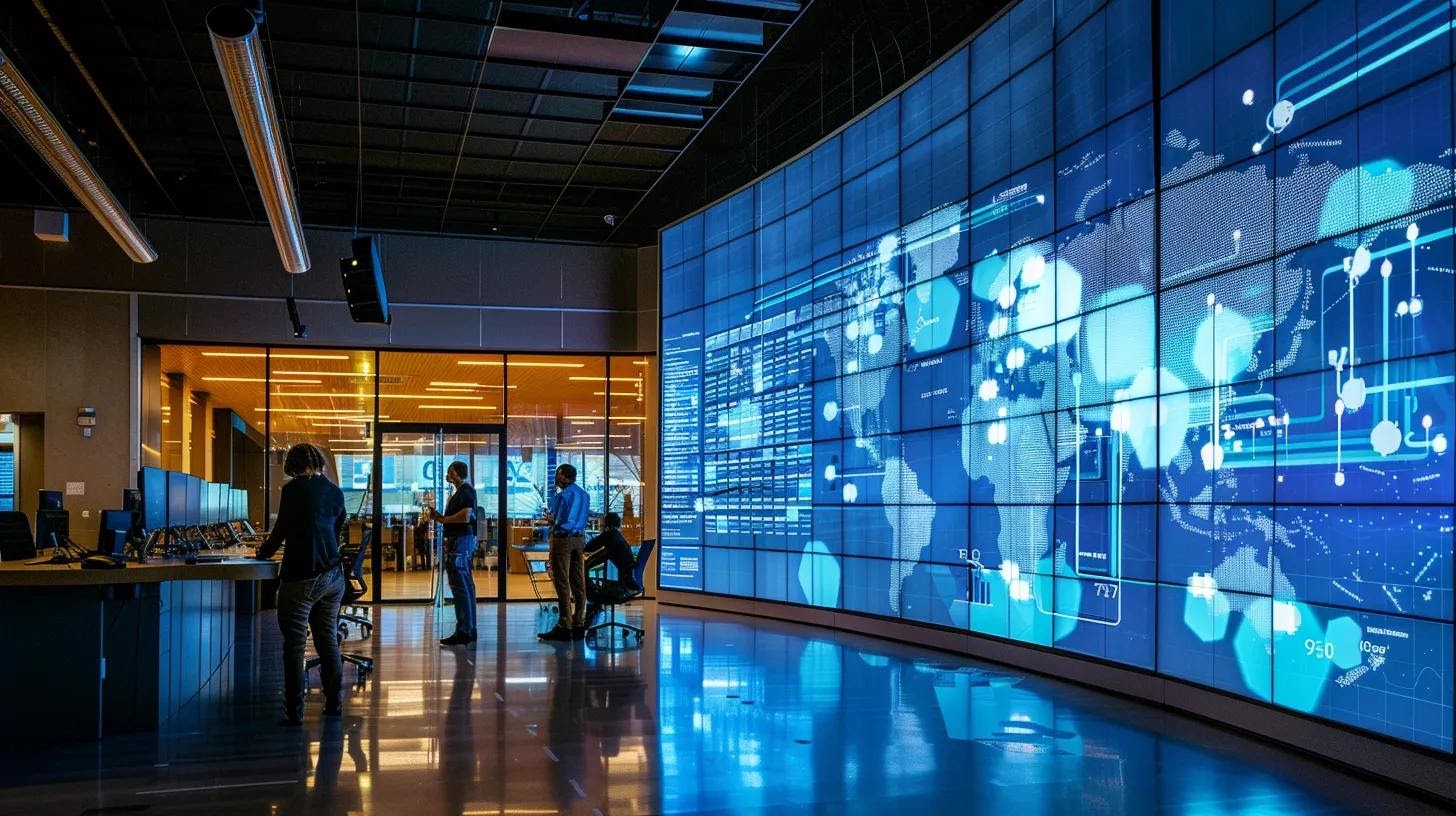 a sleek, modern office space showcases a team brainstorming around a large digital screen displaying an interactive topic cluster map, emphasising strategic content creation and seo engagement.