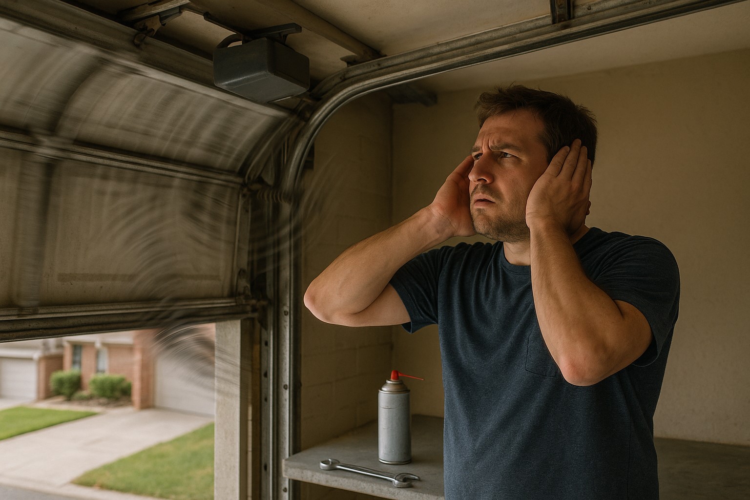 A frustrated homeowner covers his ears due to the loud, noisy operation of a garage door, indicating poor maintenance or mechanical issues with the garage door system.