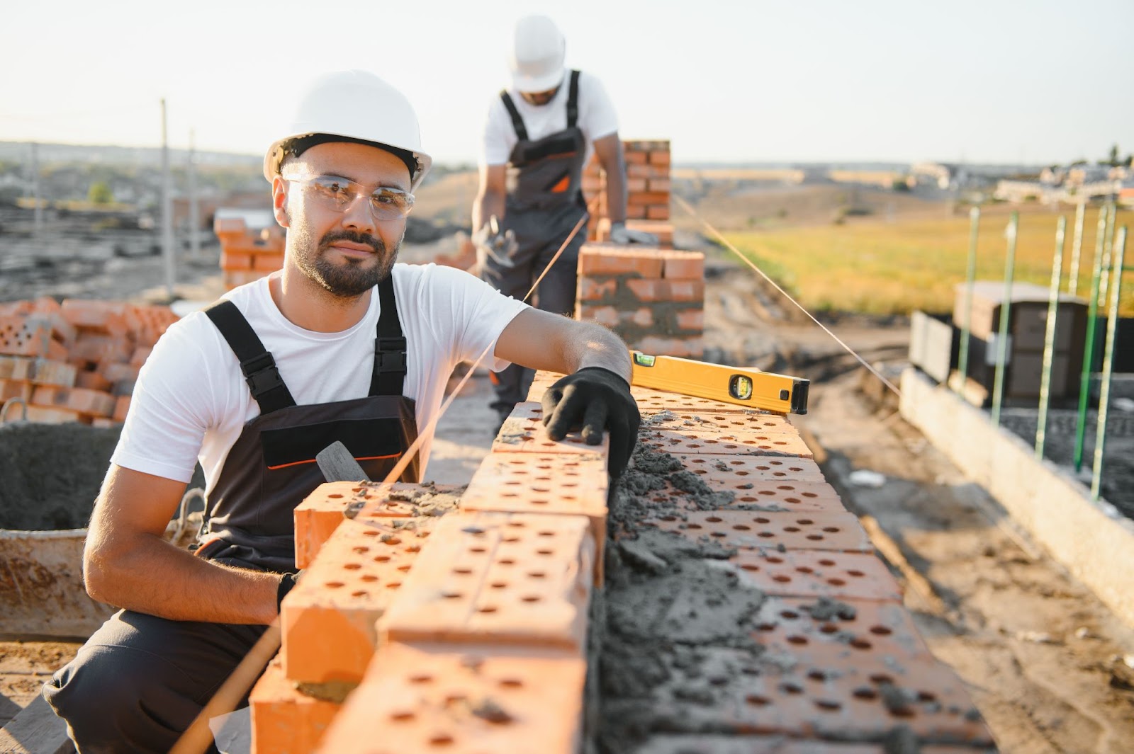 Two workers build a brick wall together with a spirit level placed on top to ensure straight alignment.