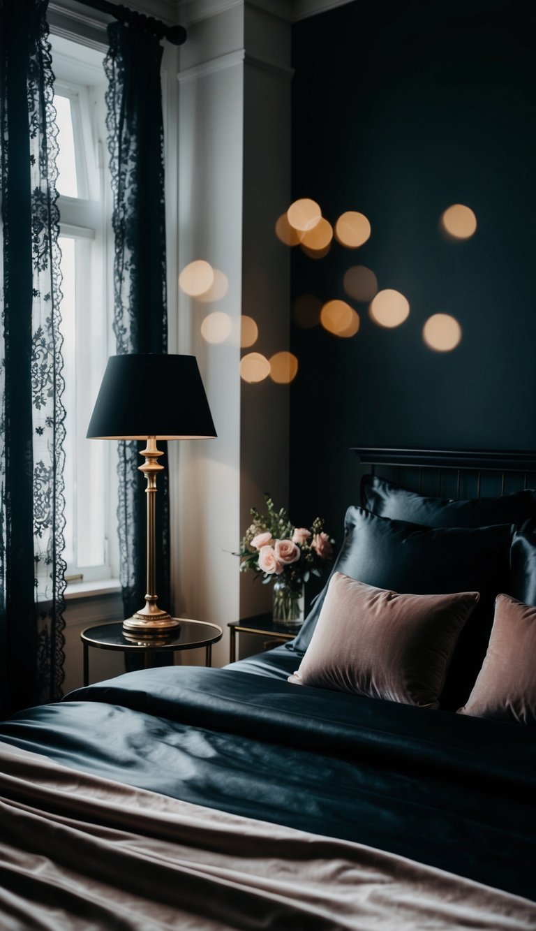 Dark bedroom with black silk sheets, dimly lit by a single lamp. Feminine decor with lace curtains and velvet pillows