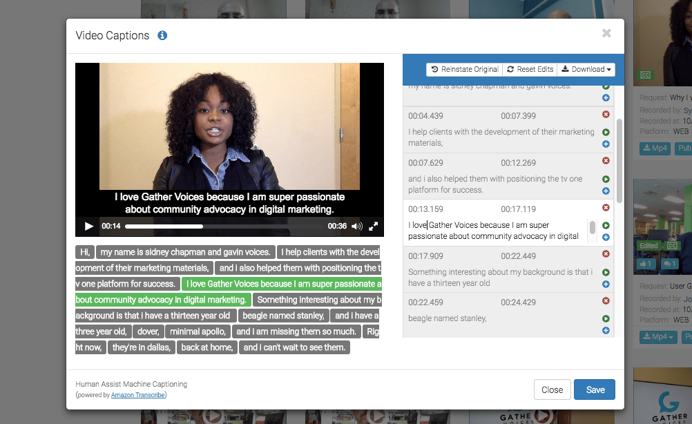 An example of video captions on the website