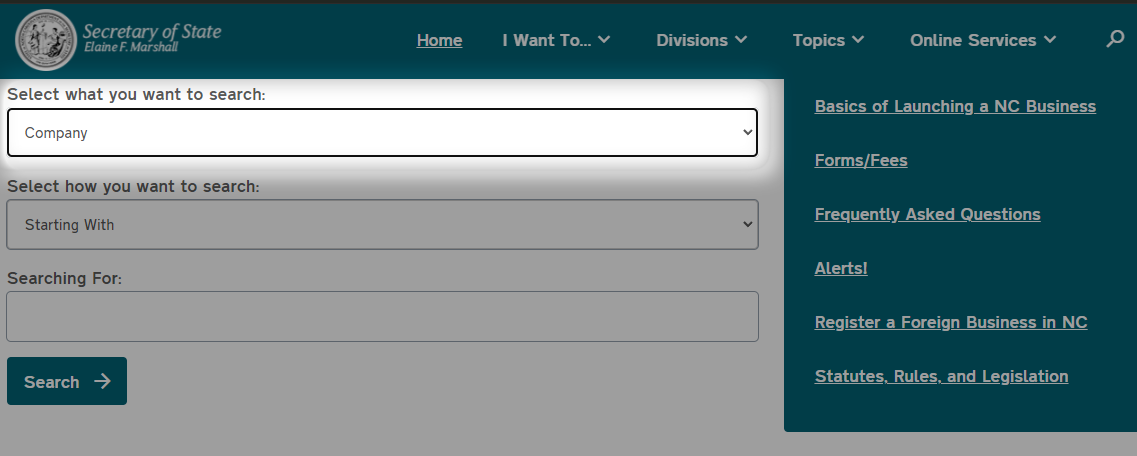 A screenshot of the business search function on the NC Secretary of State’s website. The search category box is highlighted and the category chosen is company.