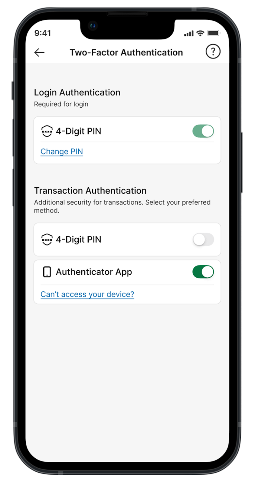 An app screen showing the option of picking the 4 digit pin for 2FA.