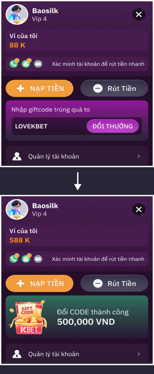 Minh họa đổi code tại KBET