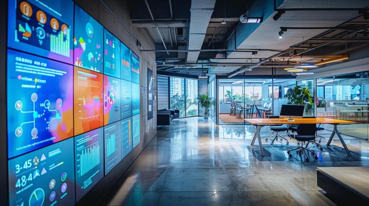 a vibrant office workspace showcases a dynamic digital presentation on a large screen, featuring striking infographics and engaging video elements that vividly illustrate a compelling brand narrative.