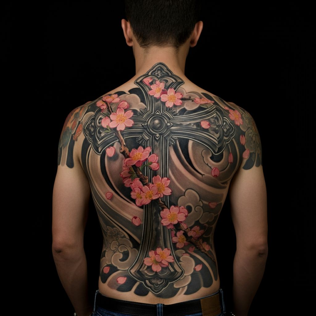 Cross with Flowers Tattoo on back