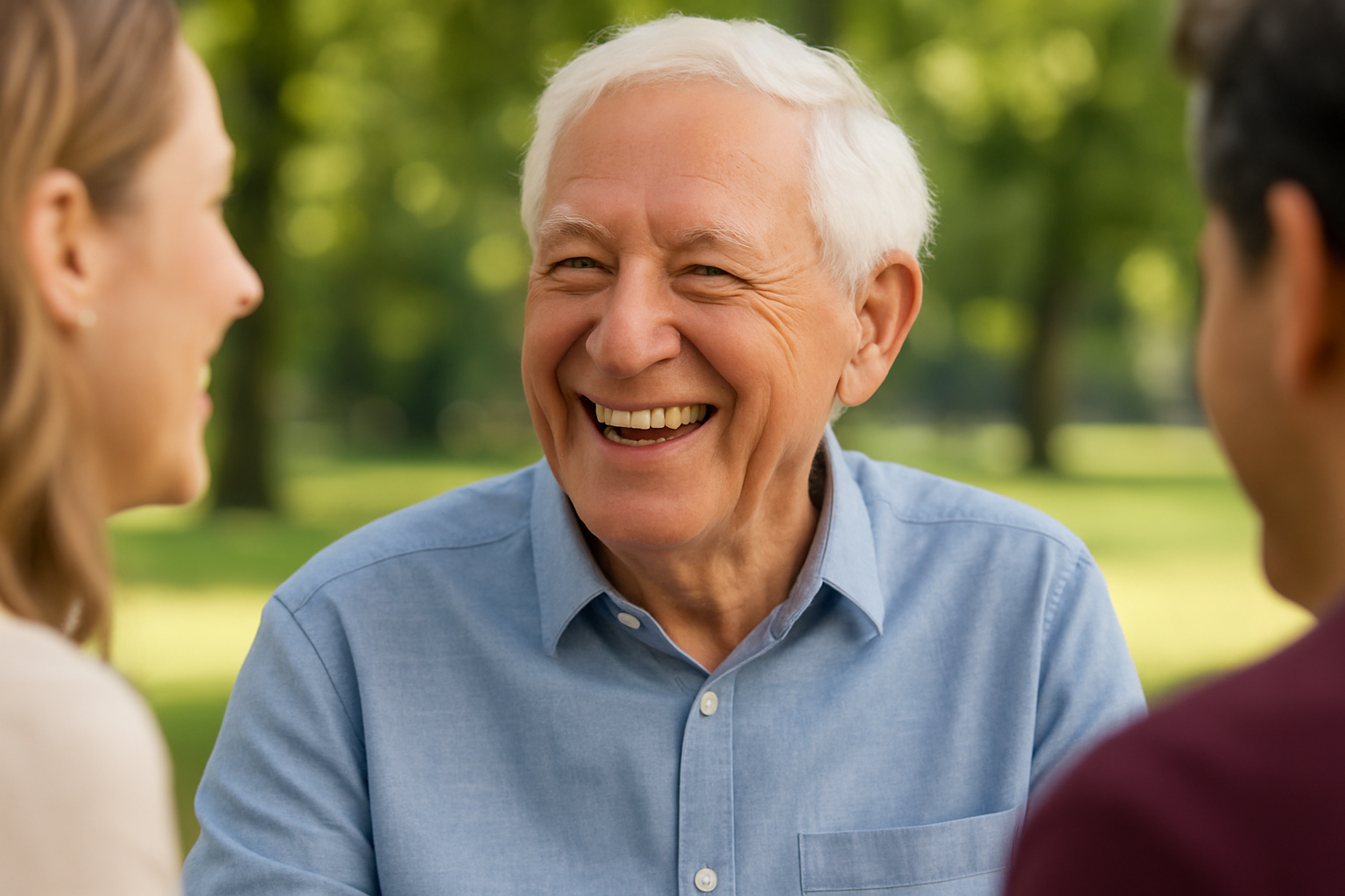A joyful senior man laughing during a casual conversation in a park setting, wearing a light blue shirt and surrounded by smiling friends.
