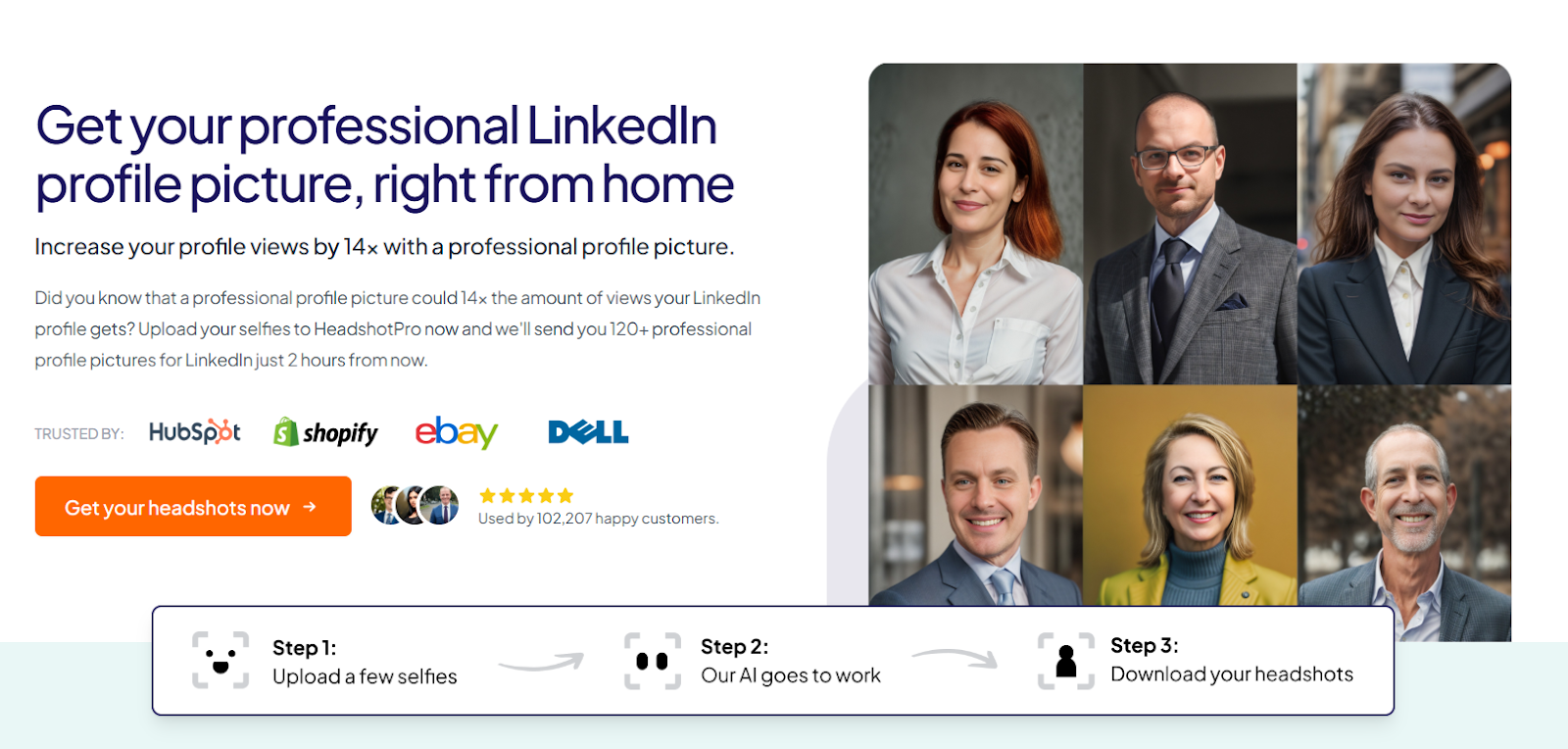 Image showing HeadshotPro landing page with headline, headshots, and a 3-step process.