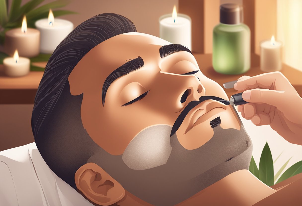 A man receiving a revitalizing facial treatment at a spa in Hackensack, surrounded by soothing aromatherapy, soft lighting, and luxurious spa products