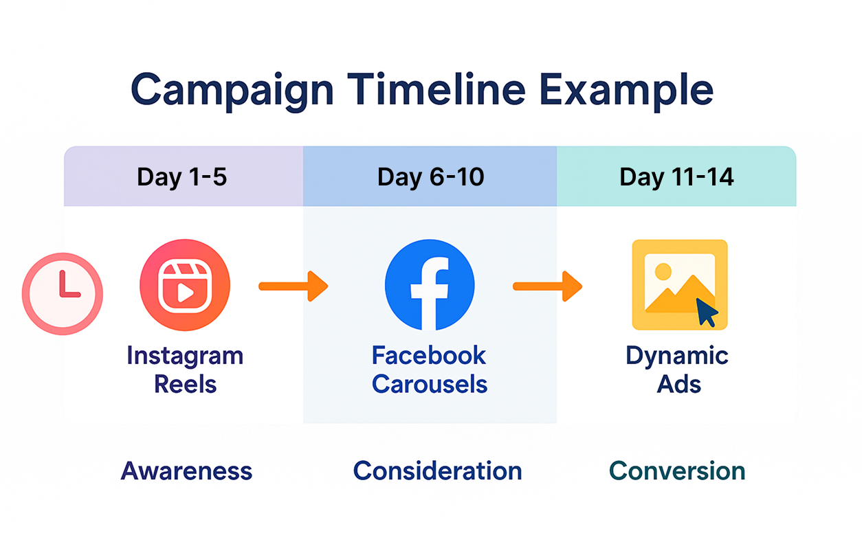 Campaign timeline showing Instagram Reels for awareness, Facebook carousels for consideration, and dynamic ads for conversion