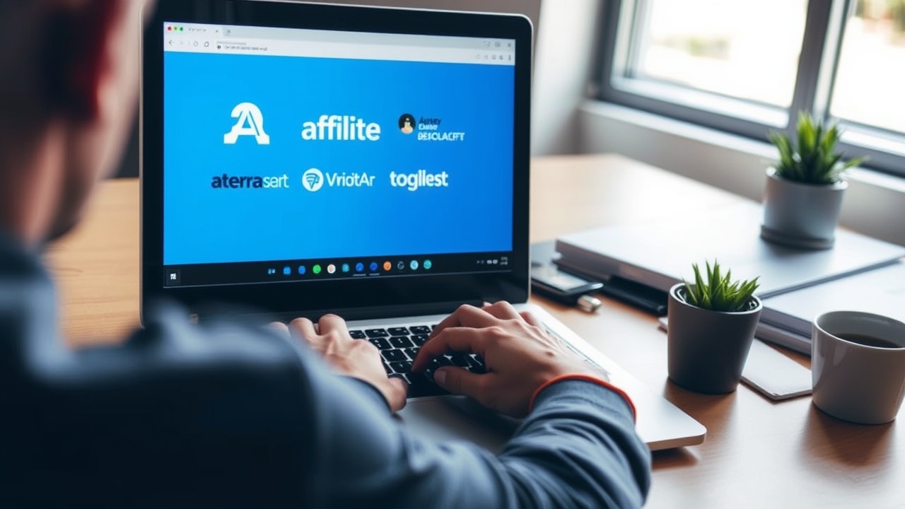 Uma pessoa está sentada a uma mesa, olhando para um laptop com logotipos de programas de afiliados na tela.