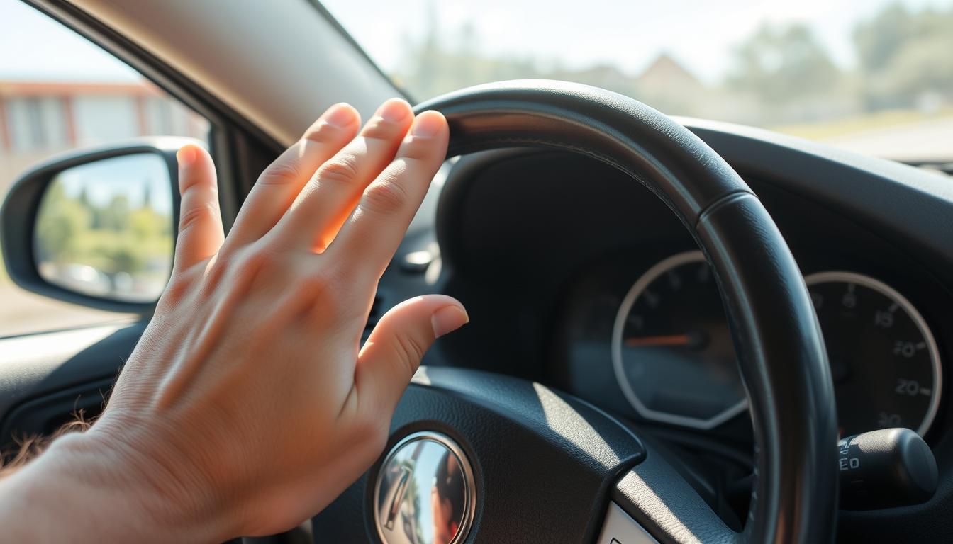 Person touching a hot steering wheel with visible heat waves