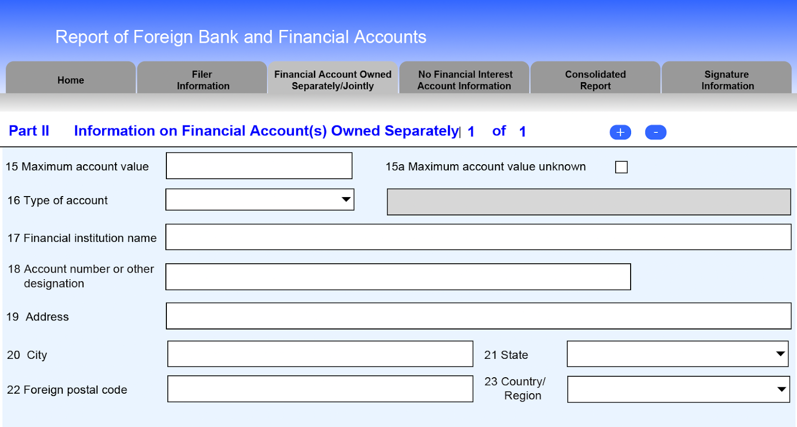 A screenshot of Part II: Information on Financial Account(s) Owned Separately of the FBAR.