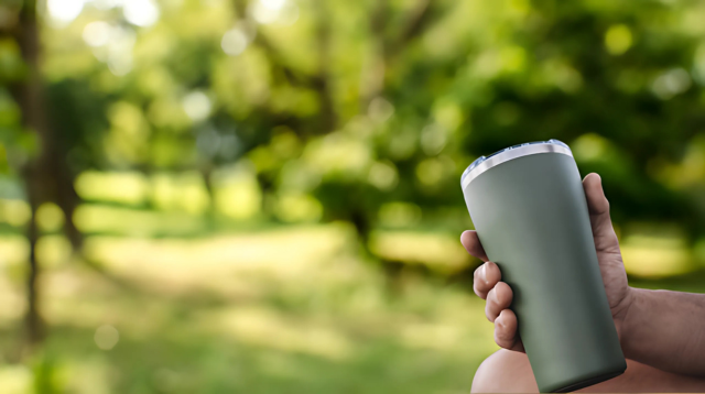 Hand holding an insulated travel tumbler in a lush, green outdoor park, symbolizing eco-friendly hydration and outdoor relaxation