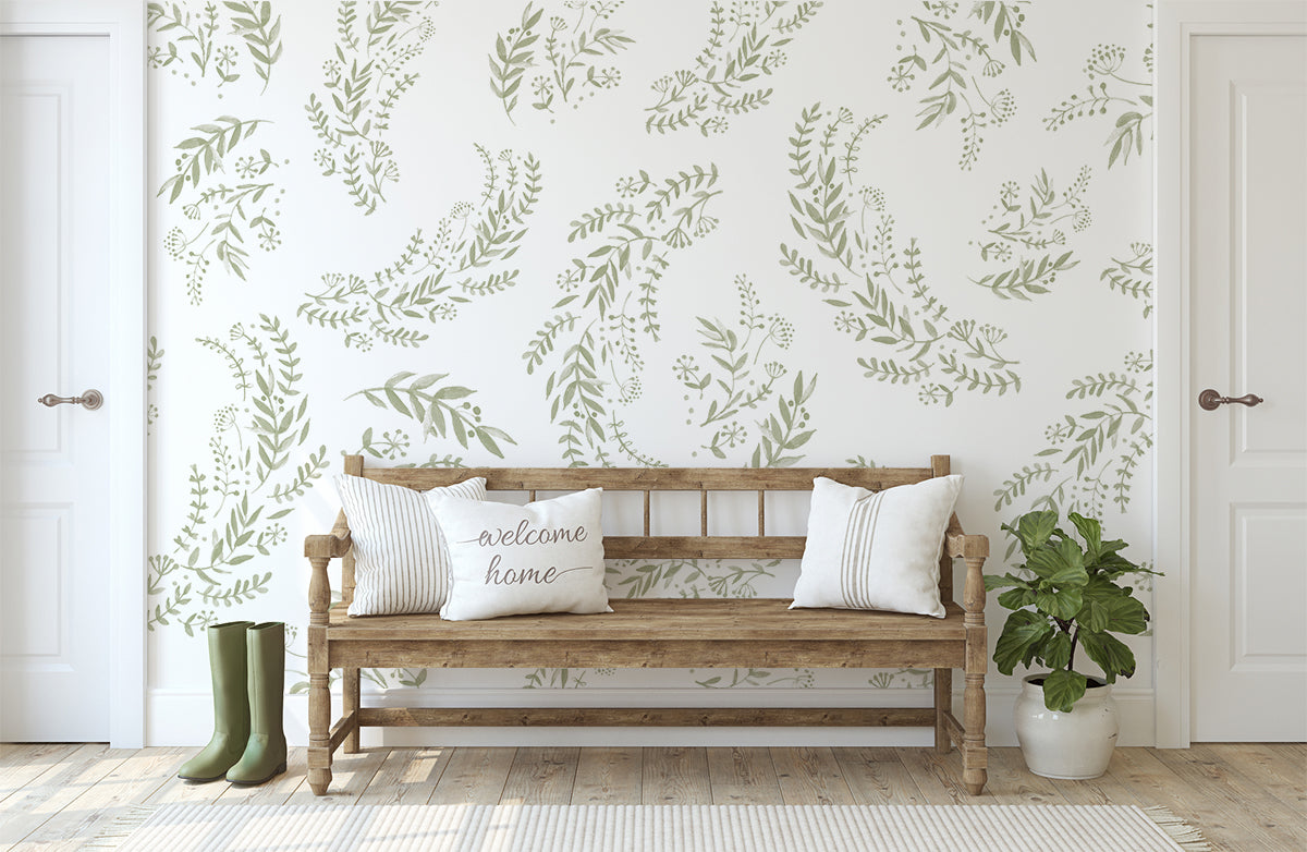 Flower field Wallpaper in living room with bench and green boots on the side