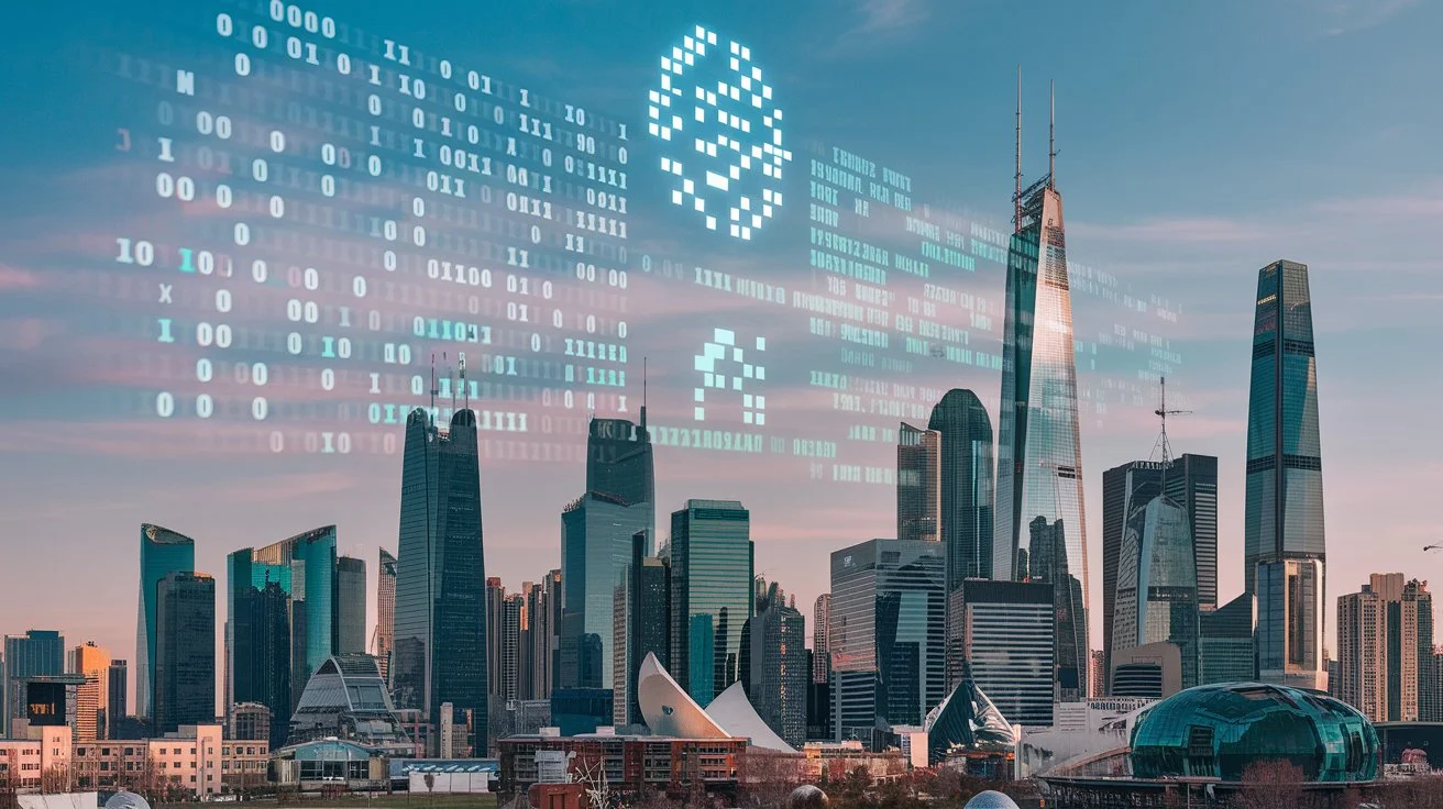 A futuristic city skyline with digital codes floating around representing blockchain and AI working together.