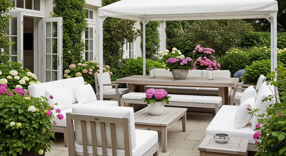 outdoor patio setup with clean, bright cushions
