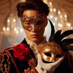 This contain EXO Kai  wearing a mask and holding a rose