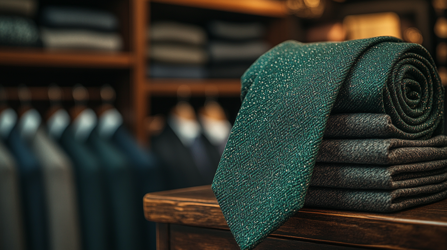 Full view of a green tie, neatly folded or draped, fresh green color, soft fabric texture, with a wardrobe full of suits and ties on a shelf in the background, clean and sophisticated atmosphere