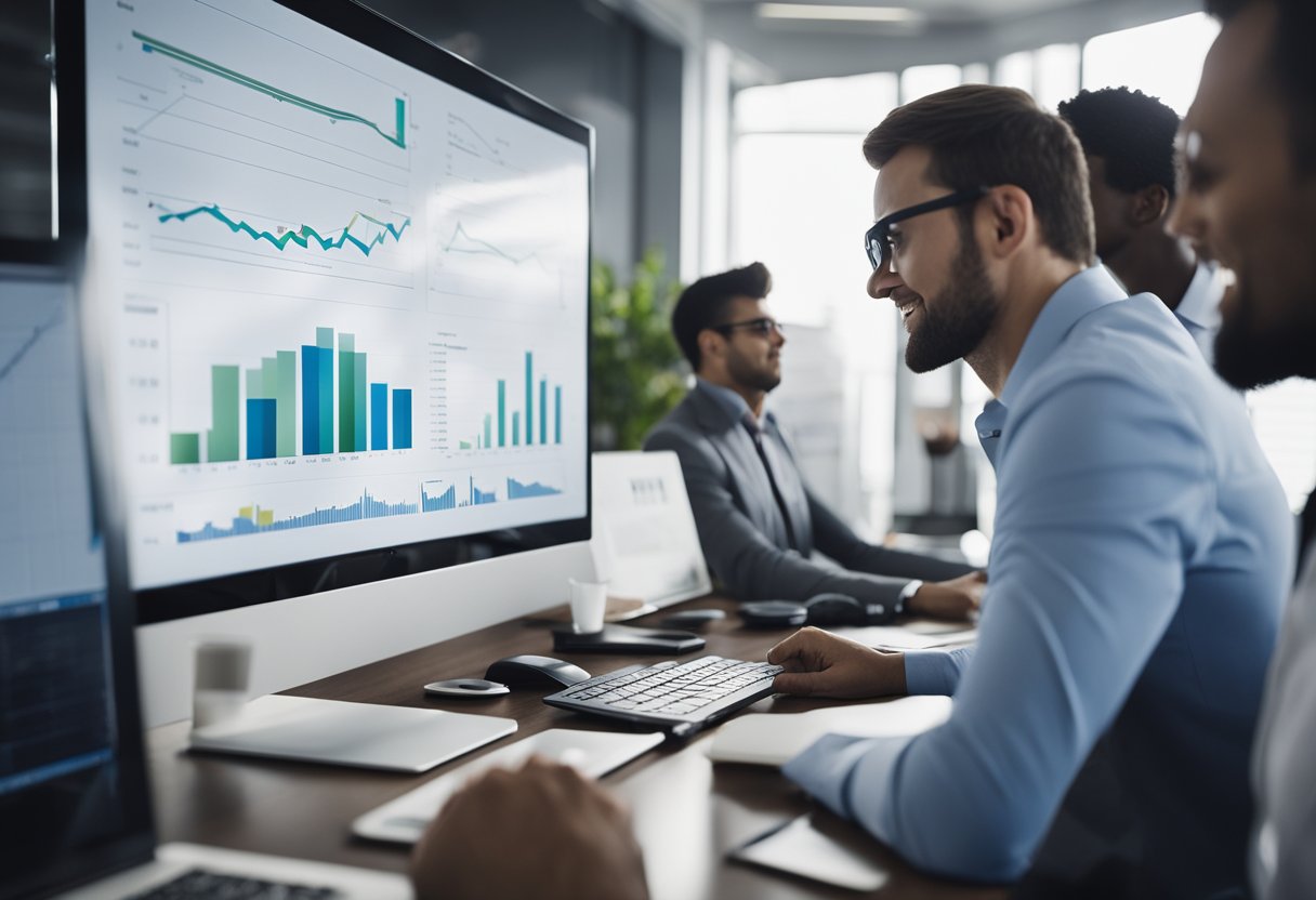 A bustling office with a whiteboard full of charts and graphs, a team of professionals brainstorming and collaborating on strategies, and a computer screen showing impressive growth metrics