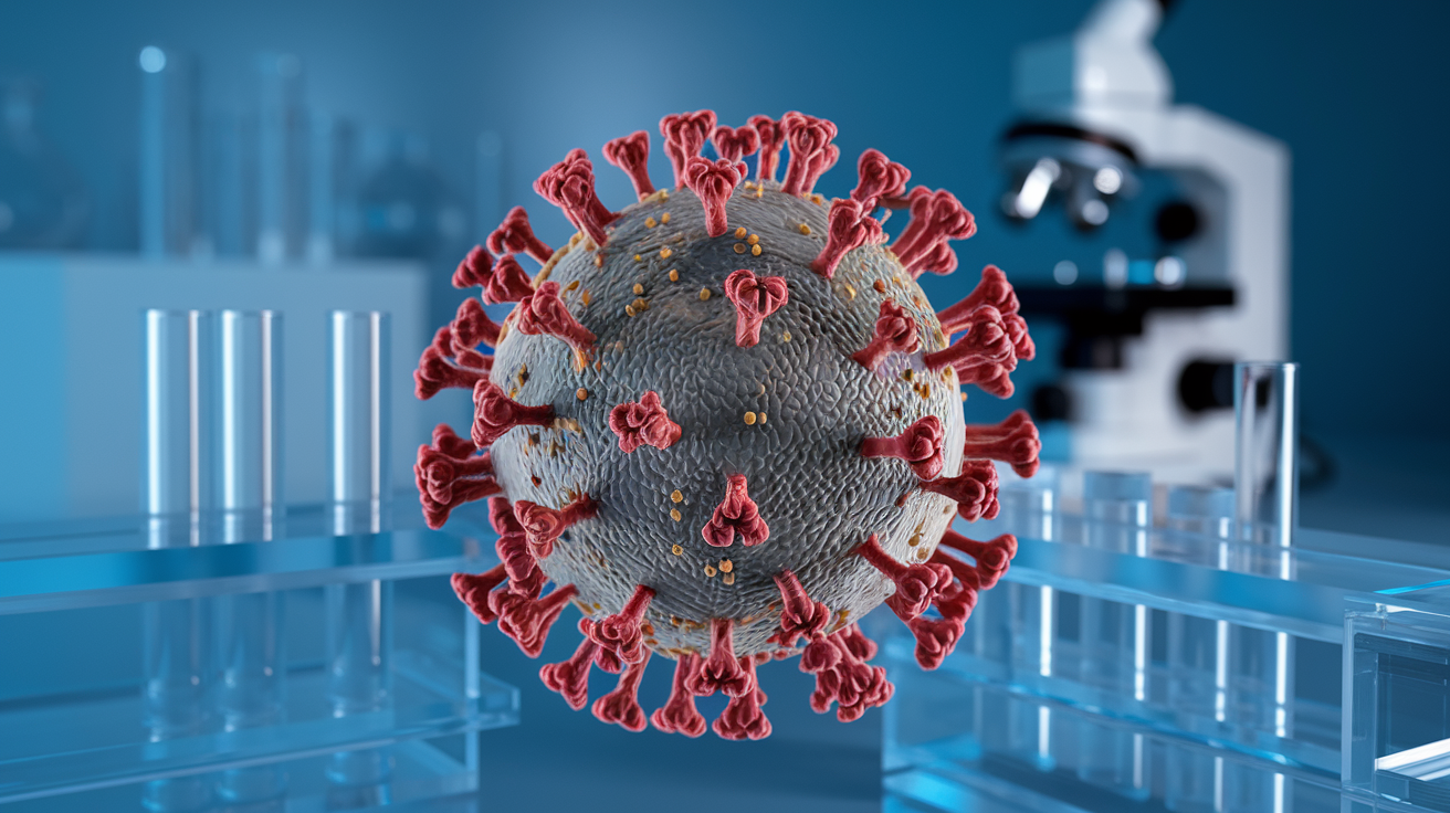 Create a realistic image of a magnified 3D model of the H5N1 virus particle, showing its spiky surface proteins in intricate detail against a blurred laboratory background with microscopes and test tubes visible, conveying a sense of scientific study and potential threat.