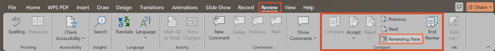 Review changes and comments with PowerPoint