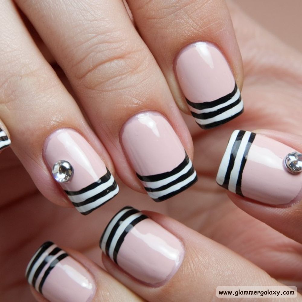 Neutral Winter Nails having Creative Double Stripe Tips