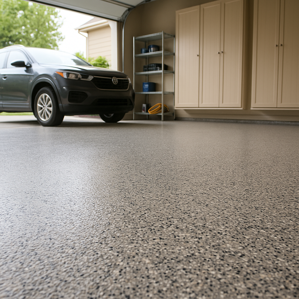 Epoxy flake garage floor system installed in a clean residential Minneapolis garage with full chip broadcast and polyaspartic topcoat