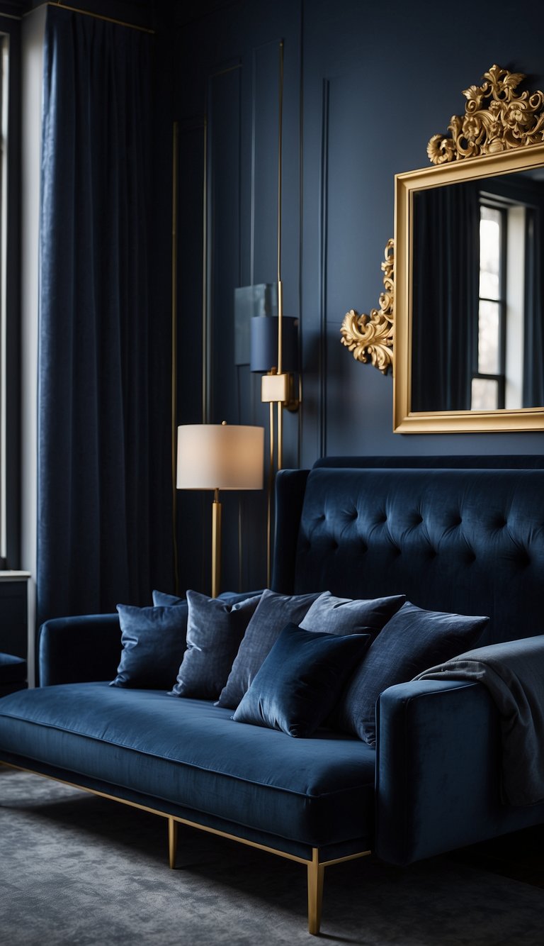 A dark blue bedroom with plush velvet curtains, a navy blue tufted headboard, and gold accents. Rich textures and complementary colors create a luxurious and cozy atmosphere