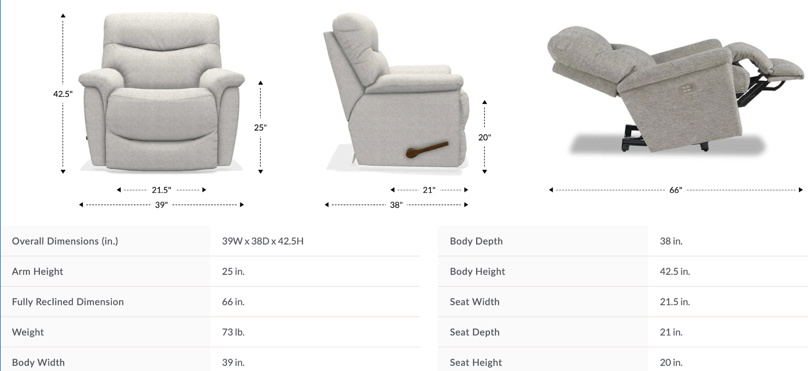 james rocking recliner dimensions