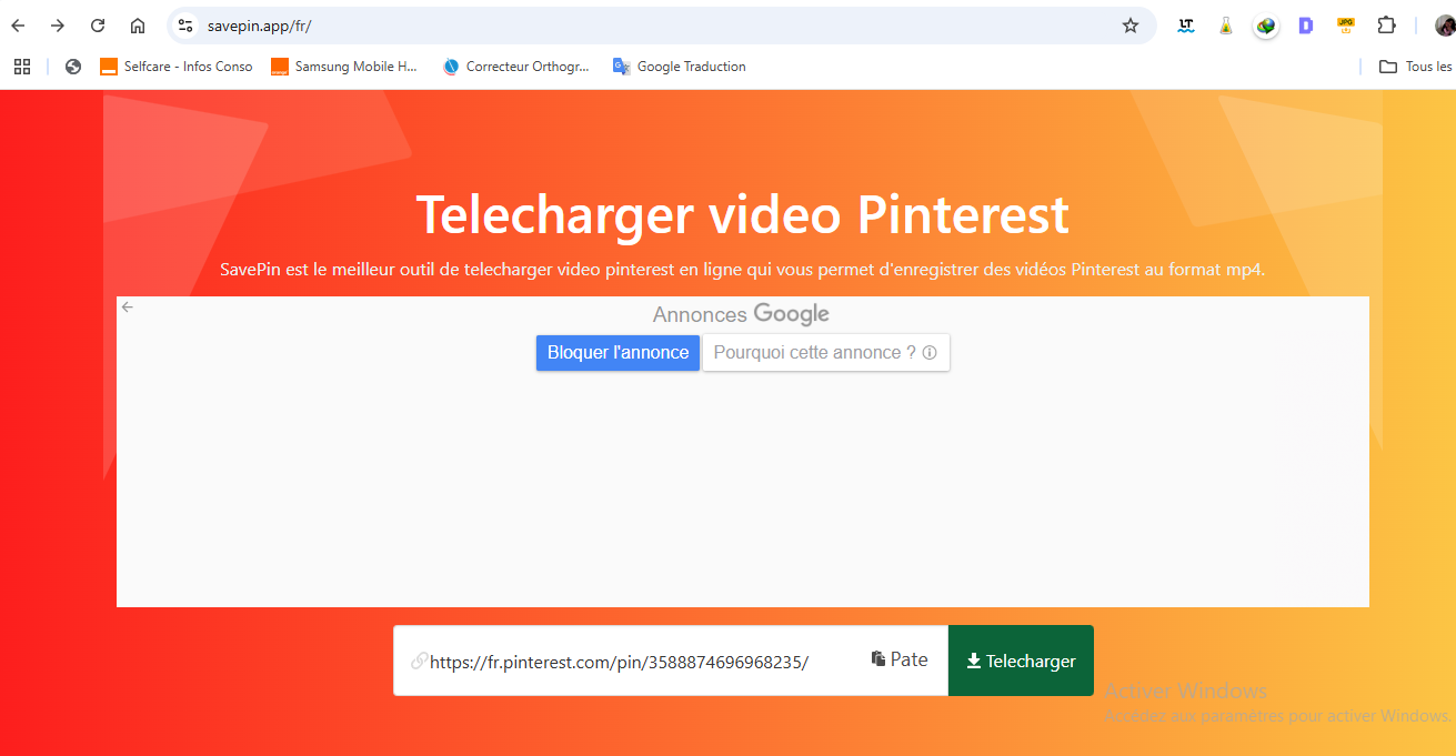 Copier l'URL de la vidéo Pinterest dans le champ dédié