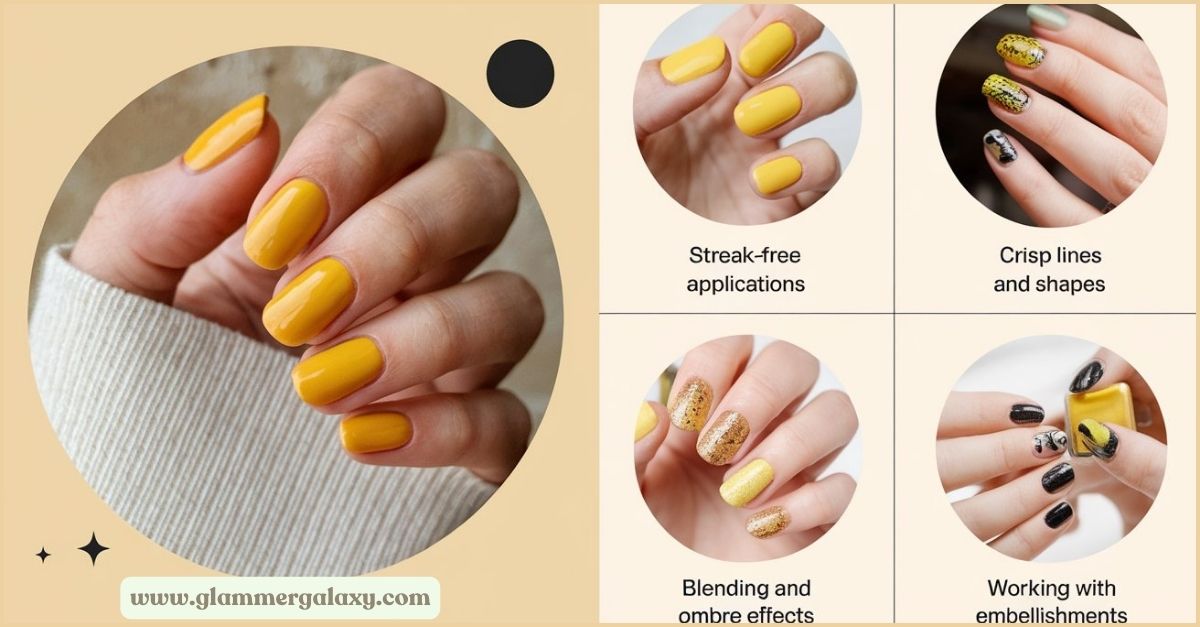 Tutorial images showing various yellow nail art techniques with descriptive labels.