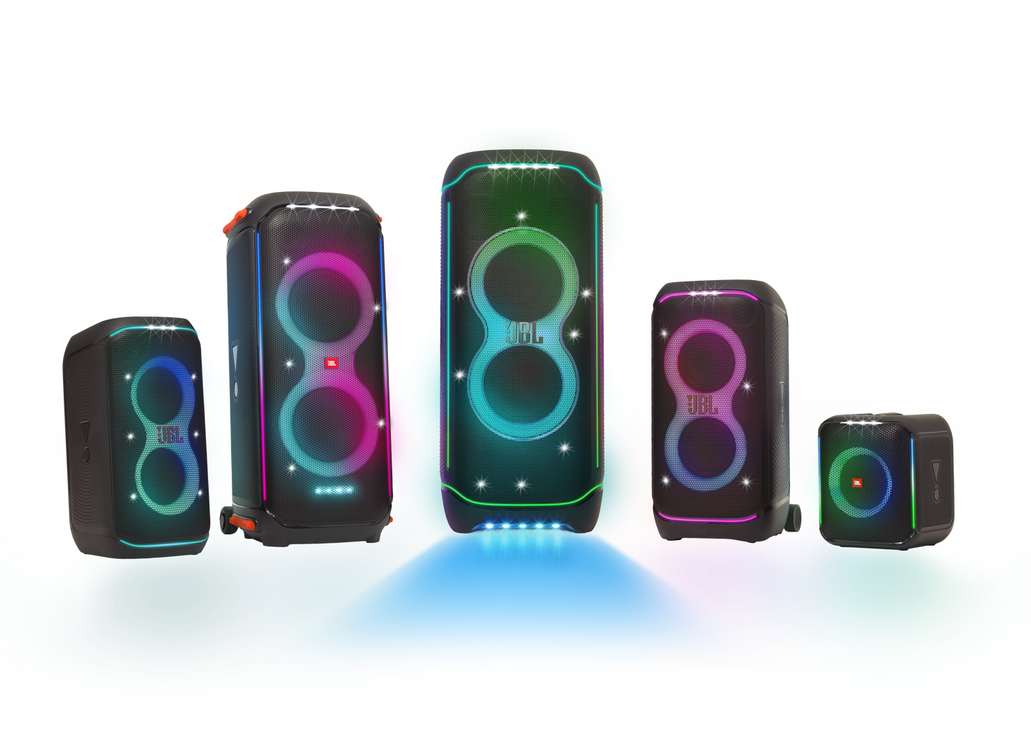 A group of speakers with lights Description automatically generated