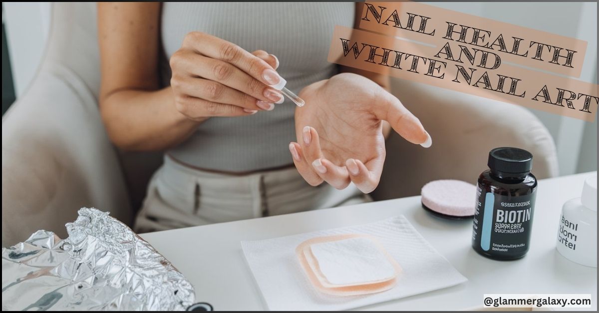 Woman’s hands with nail care products and biotin supplement, emphasizing nail health and beauty routine.