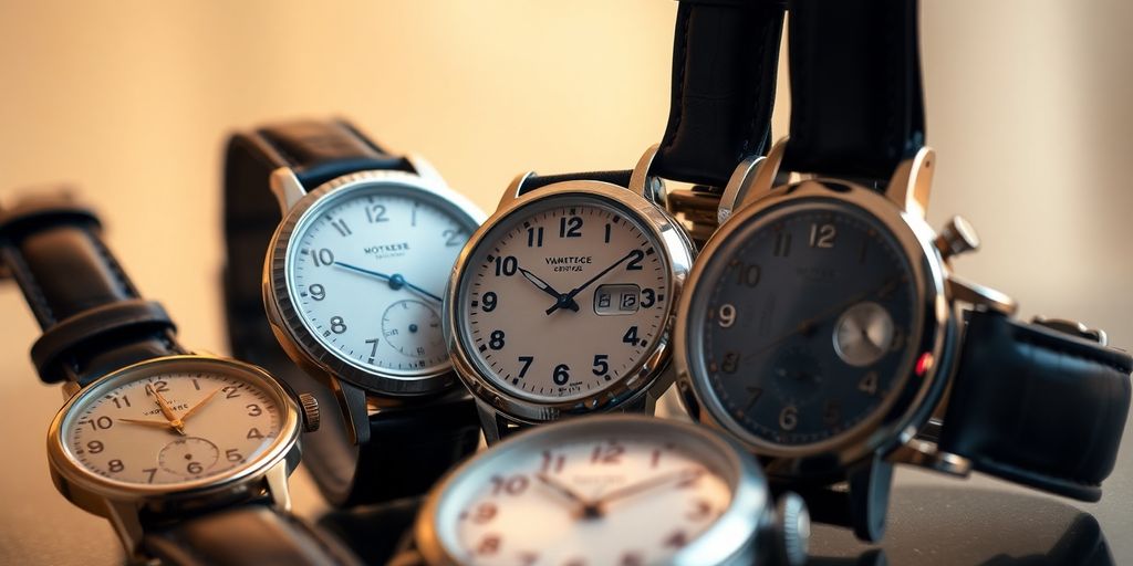 Close-up of vintage watches in an elegant display.