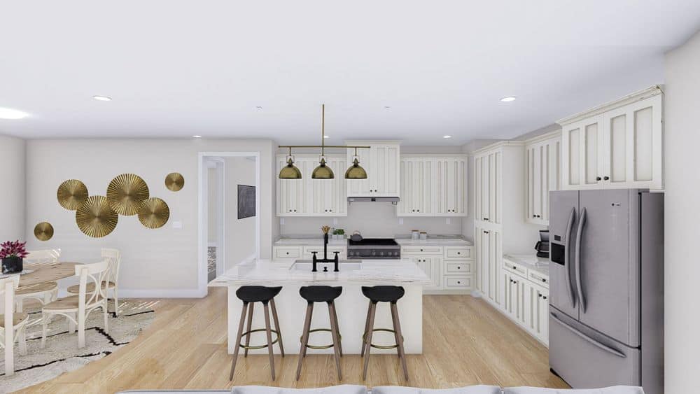 Eat-in kitchen with white cabinetry, slate appliances, and a breakfast island lined with black bar stools.