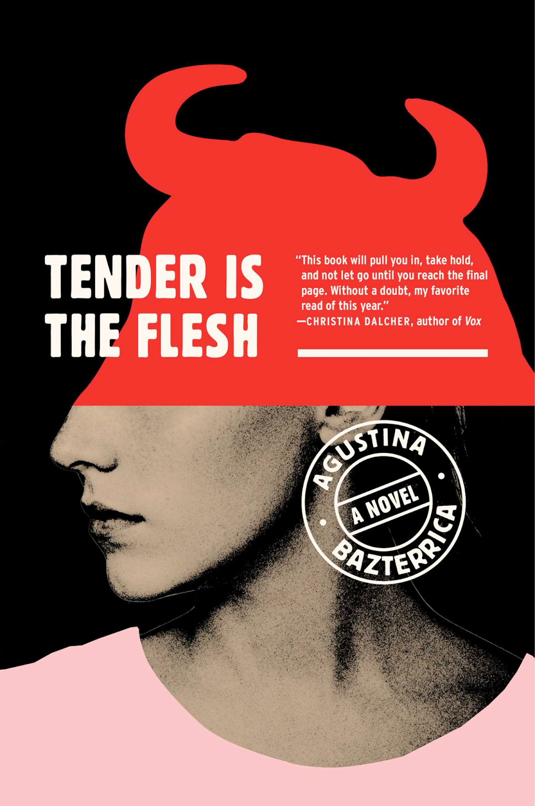 Cover of the book Tender is the Fleesh. Shows a womans face that is half covered by a bulls outline.