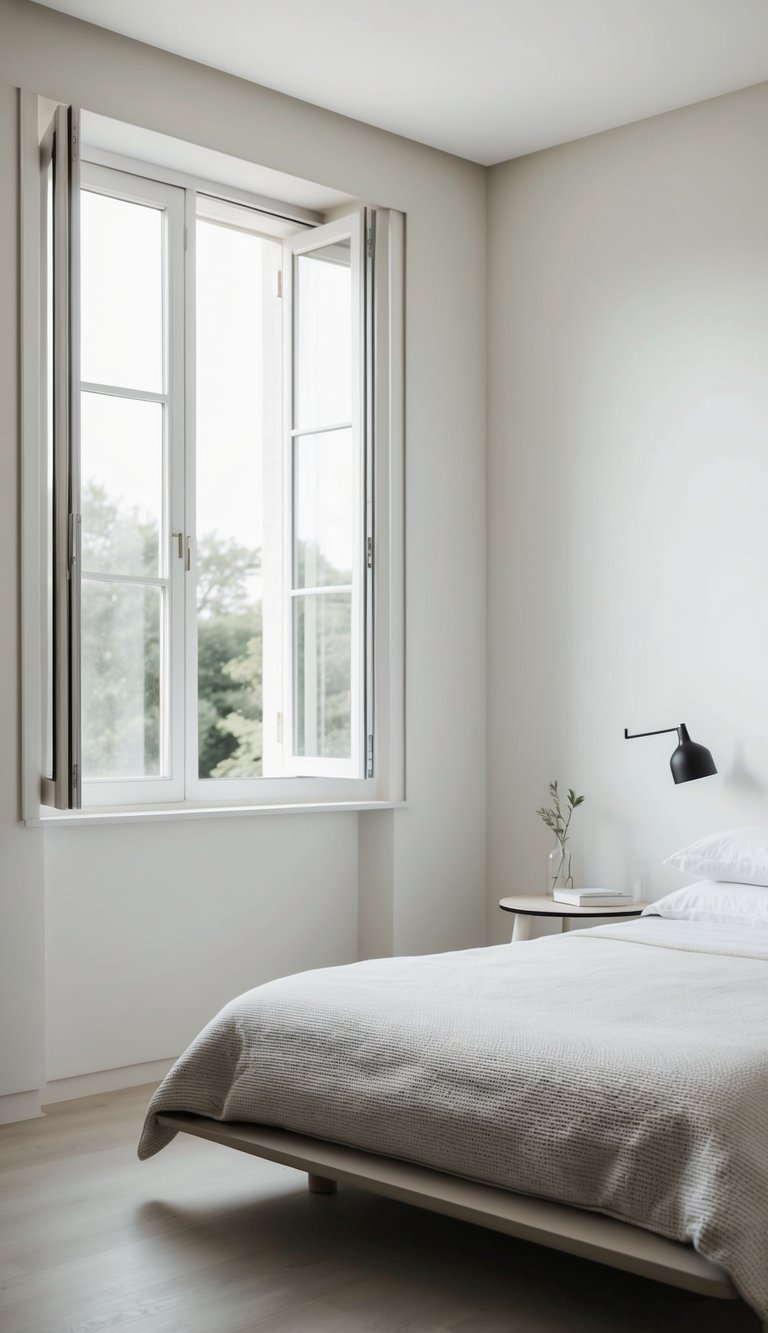 The unadorned windows let in soft natural light, illuminating the clean lines and simple furnishings of the minimalist bedroom