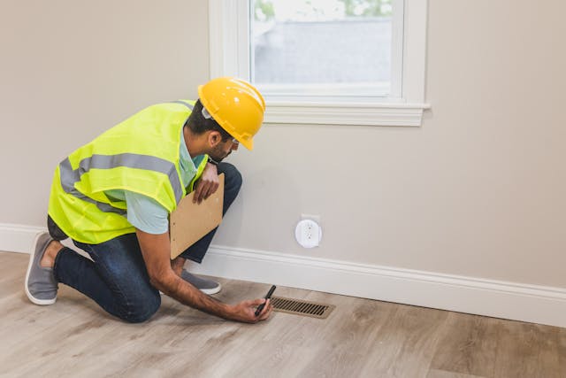 Person inspecting a wall base board