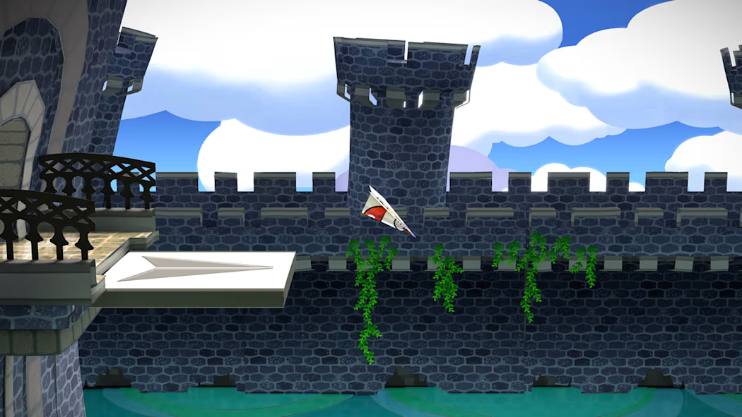 Mario turned into a paper airplane flying through a castle.