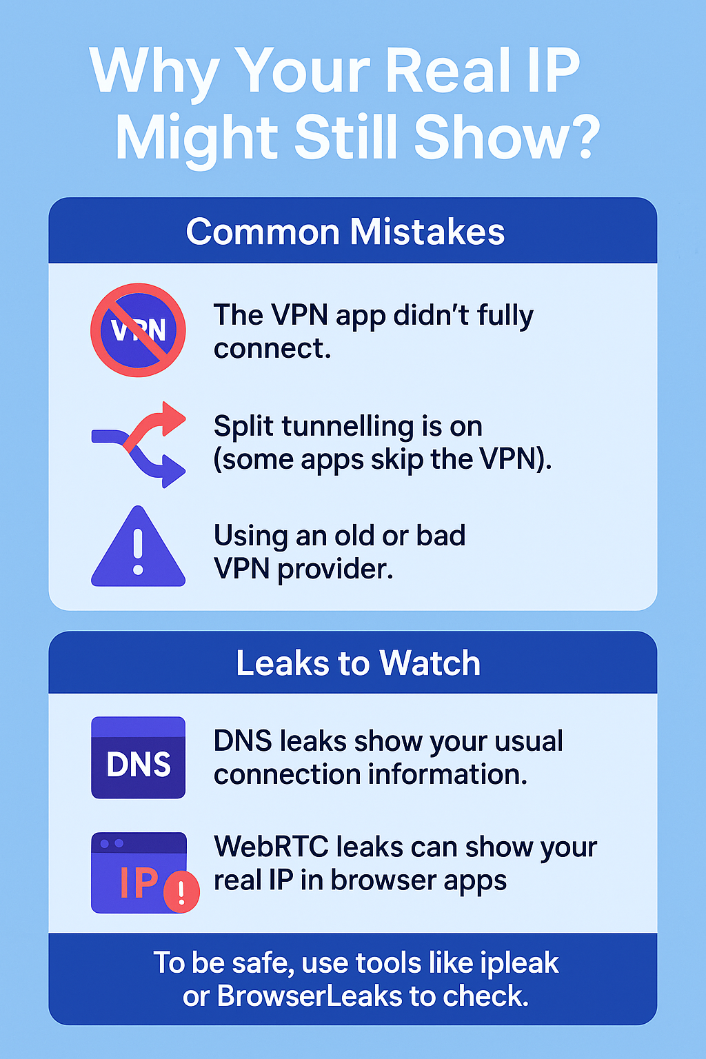 Common Mistakes
The VPN app didn’t fully connect.


Split tunnelling is on (some apps skip the VPN).


Using an old or bad VPN provider.


Leaks to Watch
DNS leaks show your usual connection information.


WebRTC leaks can show your real IP in browser apps.


To be safe, use tools like ipleak or BrowserLeaks to check.
