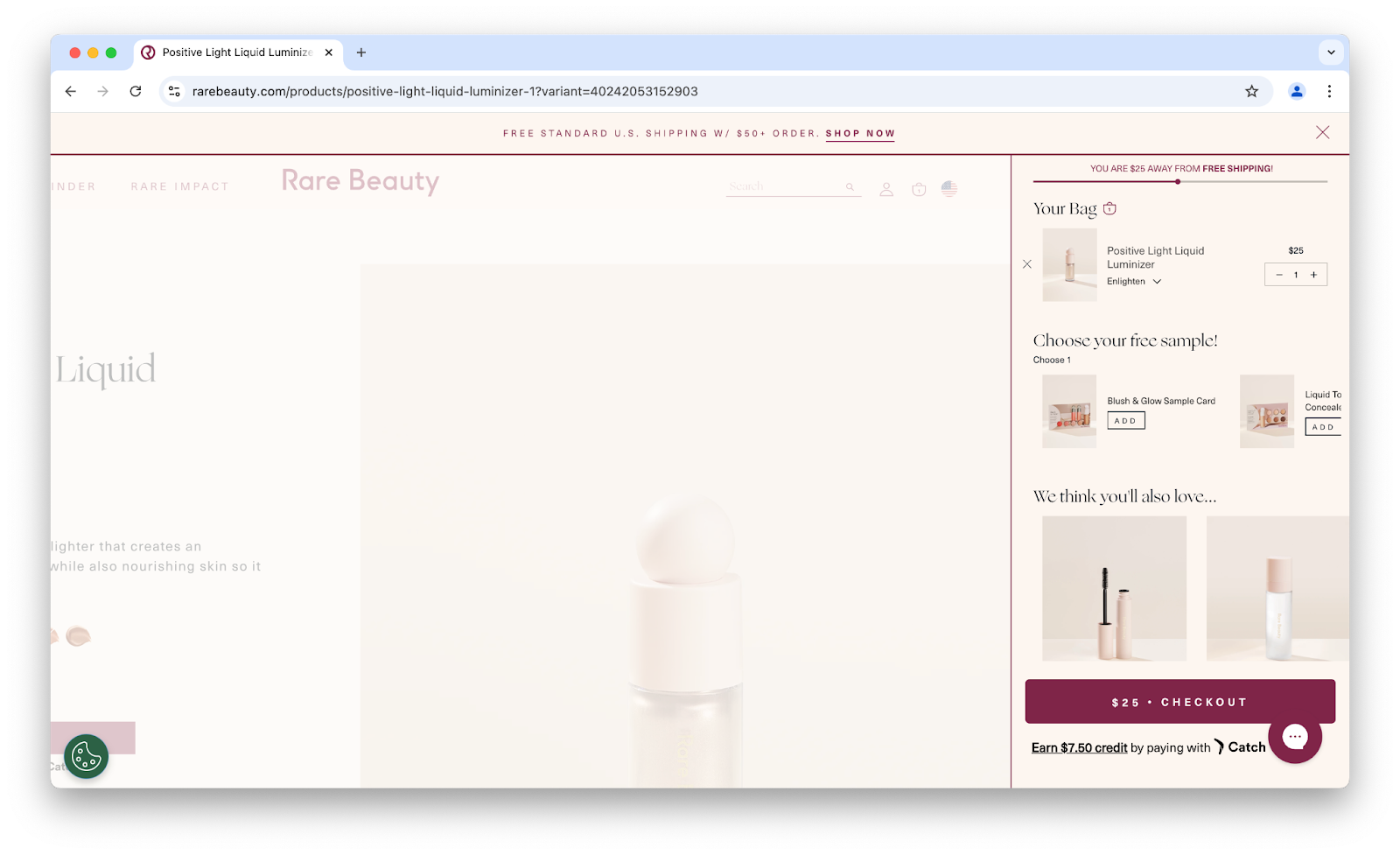 Image of Rare Beauty's shopping cart on its website.