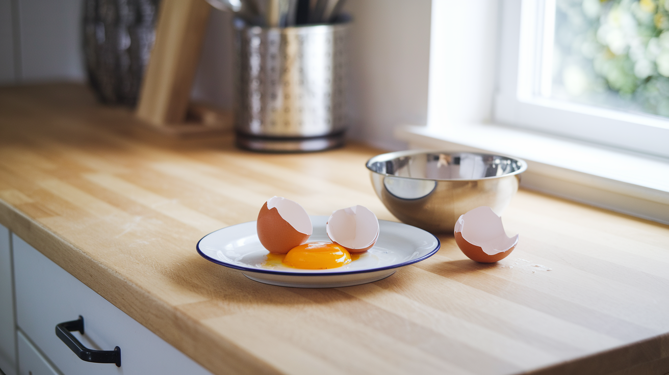 Create a realistic image of a clean kitchen countertop with a cracked egg on a white plate, yolk intact and shell pieces neatly separated, next to a shiny stainless steel bowl and a small pile of eggshells, soft natural light coming from a nearby window, creating a bright and inviting atmosphere.