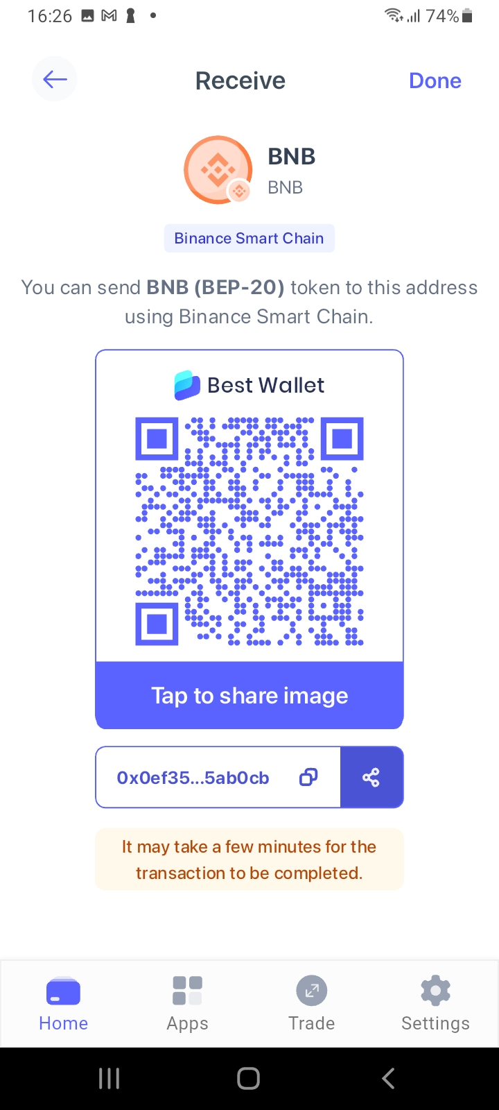 Receive BNB tokens via the Best Wallet app directly on your mobile device.