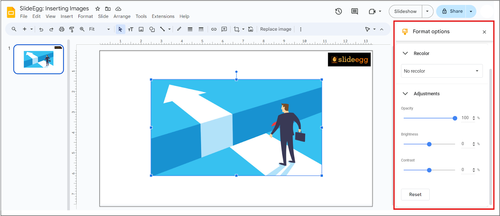 Recolor and Adjustments options in Format Option box in Google Slides