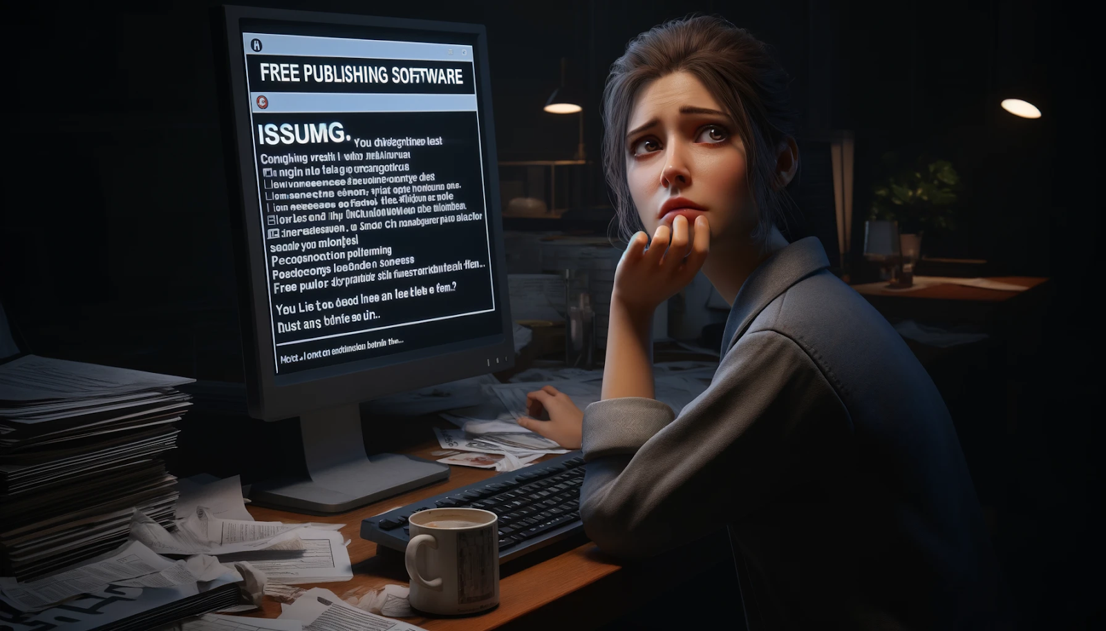 A worried woman sits at a cluttered desk, staring at a computer screen filled with error messages from free publishing software. The dim lighting and scattered papers emphasize her frustration and uncertainty.