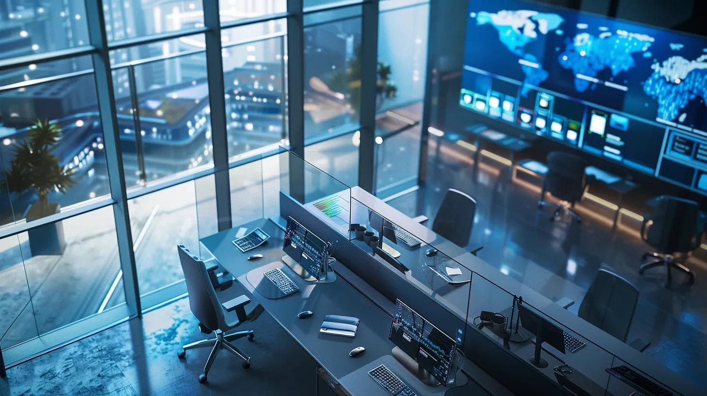 a sleek, modern office space features a high-tech workstation with vibrant visual elements, emphasizing a clear, user-friendly website layout on a digital screen, illustrating the importance of positive user experience design in boosting online engagement and search rankings.